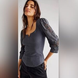 FREE PEOPLE Brunch Date Henley Floral Lace Embroidered Swiss Dot Size Large